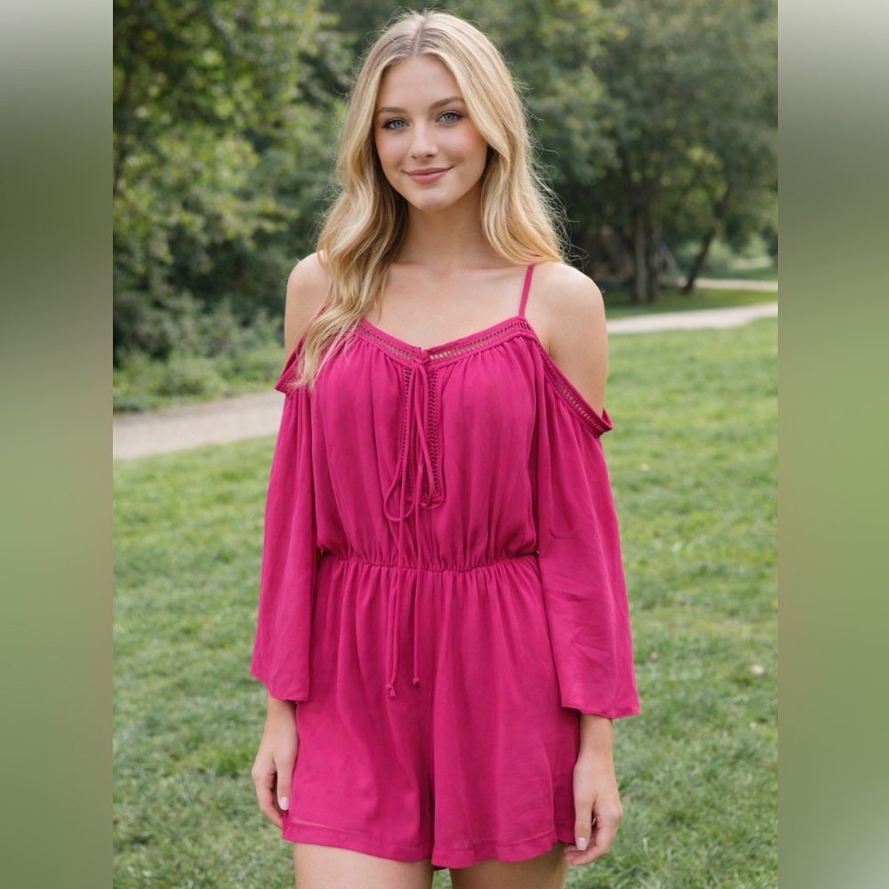 The Clothing Company women's pink shorts romper cold shoulder long sleeves